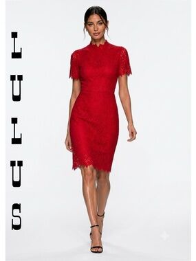 Lulu's Women Chic Crimson Lace Midi Dress